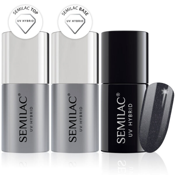 Semilac Base + Top + 108 Metallic Black UV Gel Polish Set