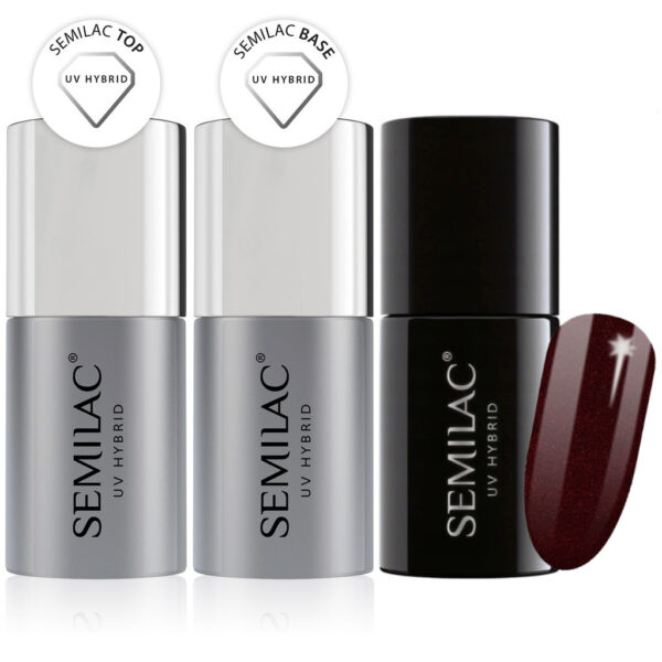 Semilac Base + Top + 393 Sparkling Black Cherry UV Gel Polish Set